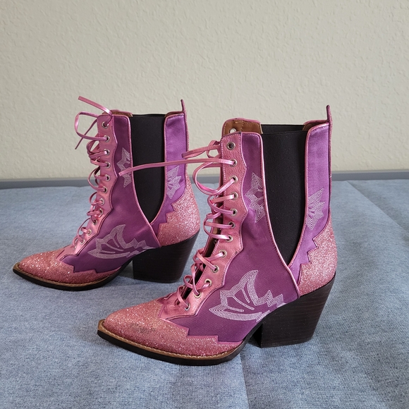 Coach Pink Glitter Lace Up Boots - Picture 1 of 4